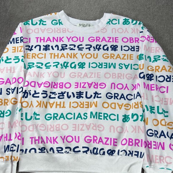 Wound Up Sweatshirt Top Women's Small Multicolor Multilingual Thank You Graphic - Picture 6 of 13